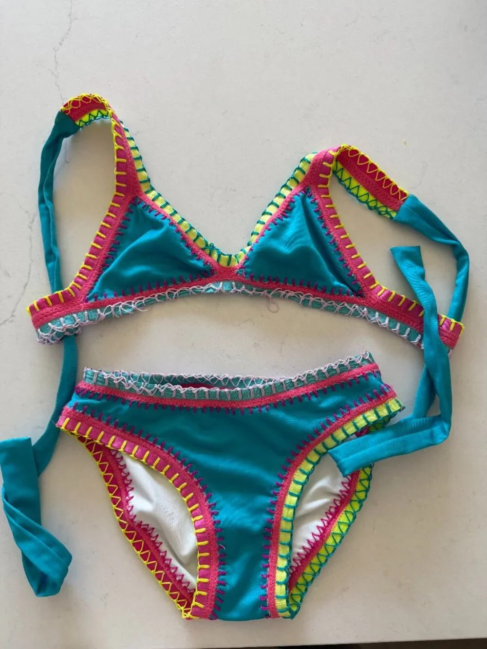 PQ SWIM Kids Turquoise Rainbow Embroidered Bikini SIZE 10